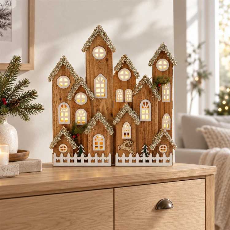 Drewniany domek LED 40x50 cm na baterie dekoracja DEL3370