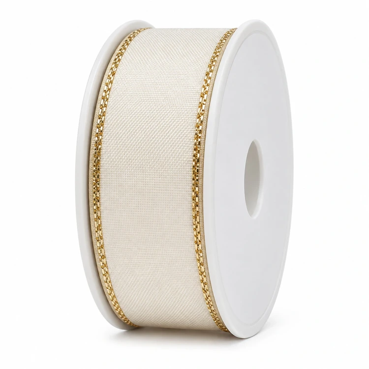 Wstążka bożonarodzeniowa biała ze złotymi boki 300 x 2,5 cm KAEMINGK 440243-4