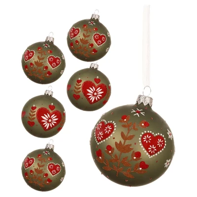 Szklane rozmarynowe bombki z sercem - kpl 6 szt., 8 cm