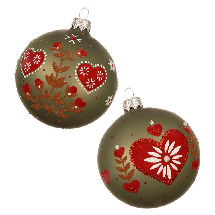 Szklane rozmarynowe bombki z sercem - kpl 6 szt., 8 cm