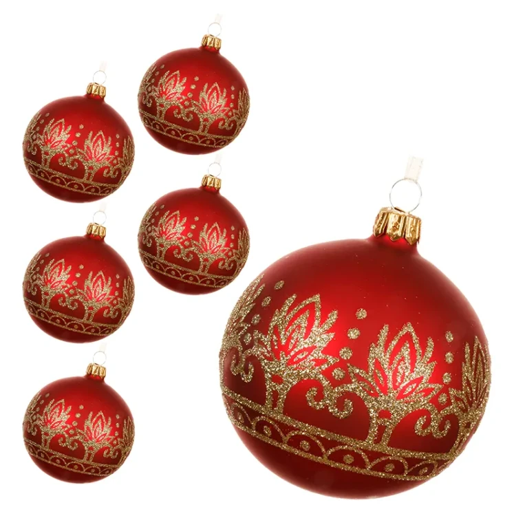 Szklane zdobione bombki choinkowe - 8 cm 6 szt. czerwone