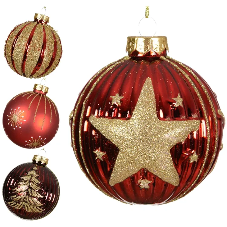 Czerwono-bordowe bombki choinkowe z koralikami 8 cm 6 szt.