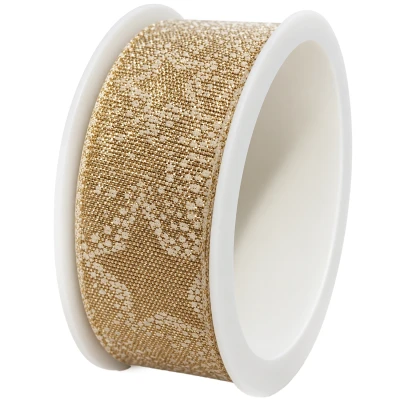 Wstążka świąteczna złota z białymi gwiazdkami 3 m x 2,5 cm KAEMINGK 448720-9