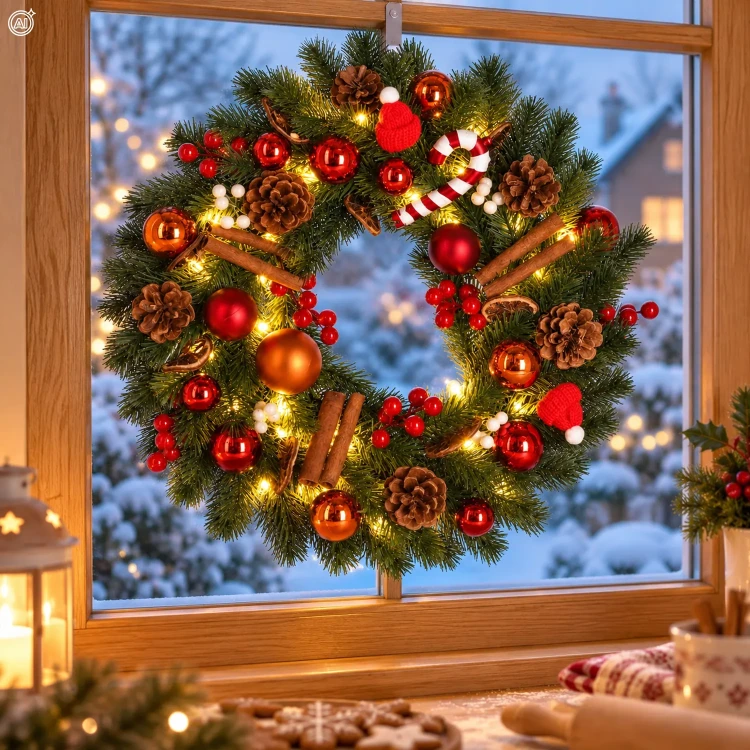 Wieniec na drzwi 40 cm 40 LED zielony z bombkami i laską LED9690