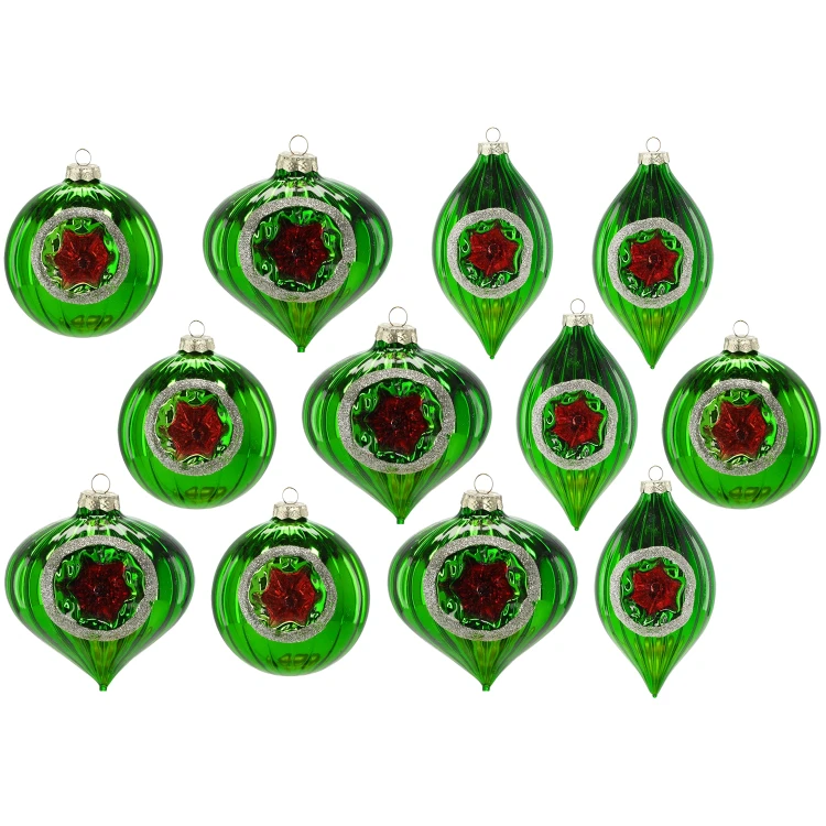 Bombki choinkowe szklane retro PRL 10 cm zielone 12 szt. BOZ7561KPL