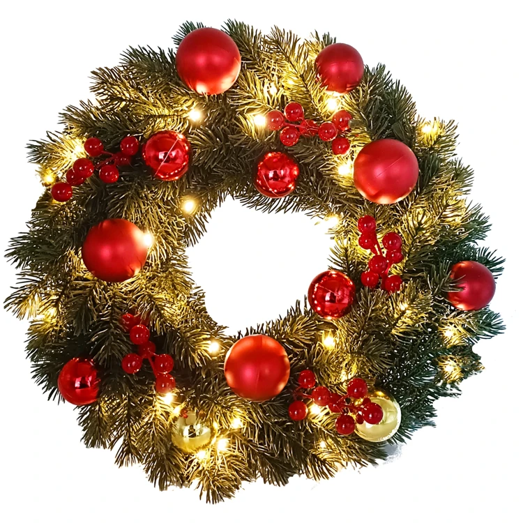 Wianek świąteczny na drzwi 40 cm 40 LED zielony z bombkami LED0813