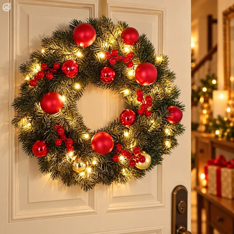 Wianek świąteczny na drzwi 40 cm 40 LED zielony z bombkami LED0813