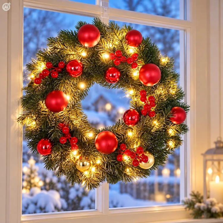 Wianek świąteczny na drzwi 40 cm 40 LED zielony z bombkami LED0813