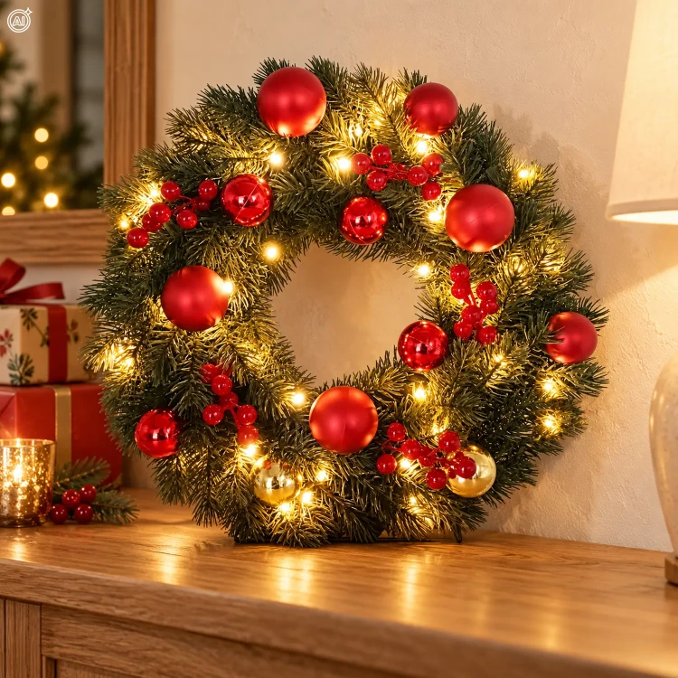 Wianek świąteczny na drzwi 40 cm 40 LED zielony z bombkami LED0813