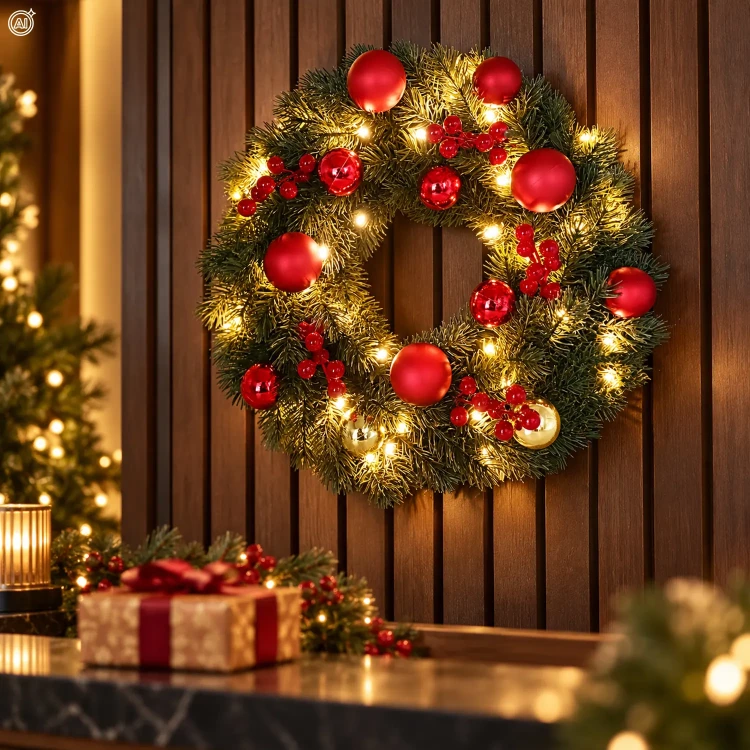 Wianek świąteczny na drzwi 40 cm 40 LED zielony z bombkami LED0813