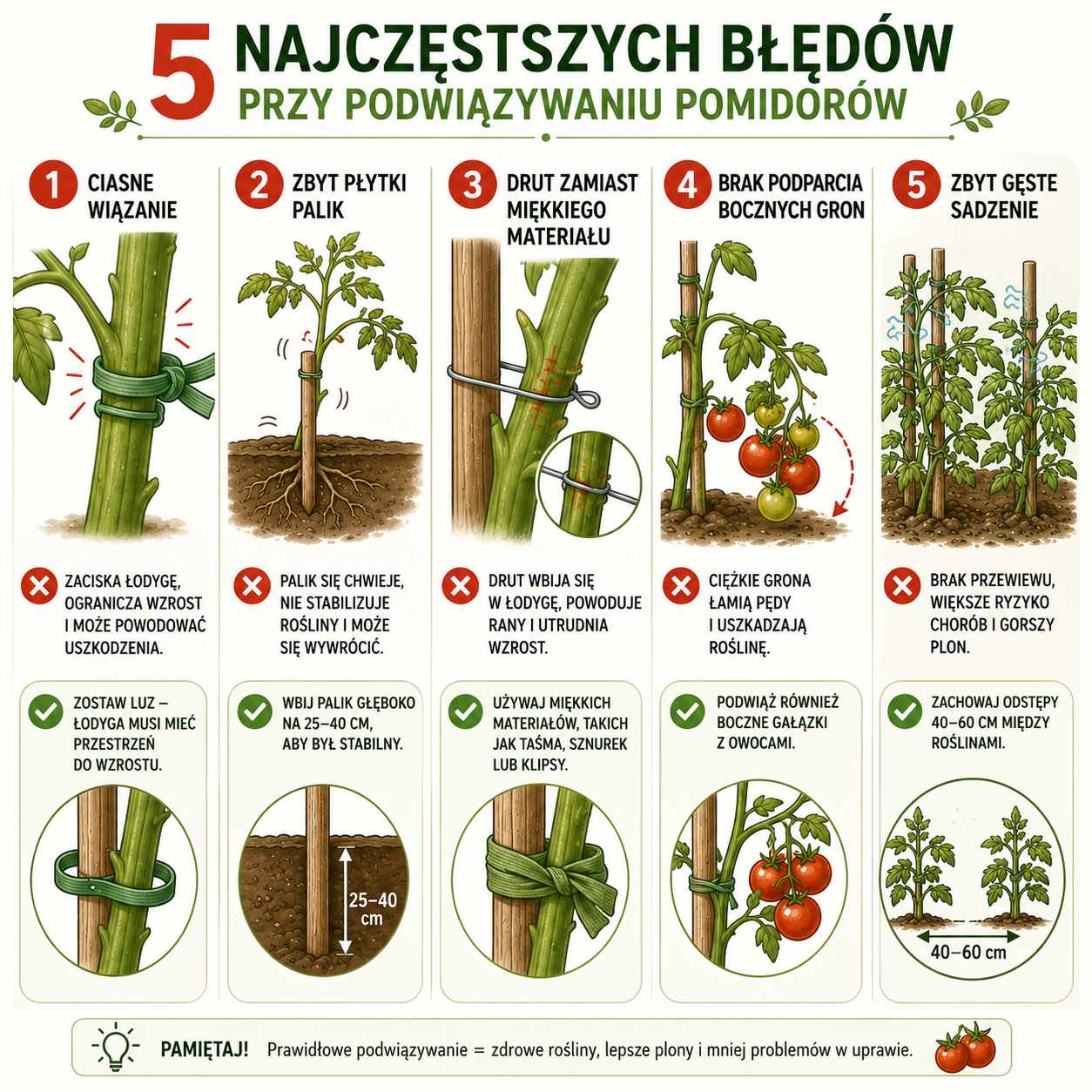 5 najczęstszych błędów przy podwiązywaniu pomidorów” - ciasne wiązanie, zbyt płytki palik, drut zamiast miękkiego materiału, brak podparcia bocznych gron i zbyt gęste sadzenie.