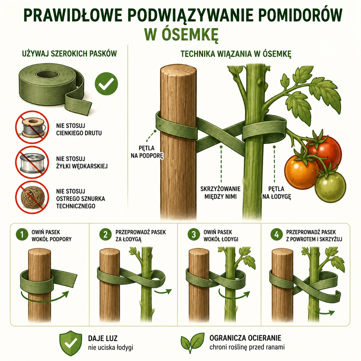 Prawidłowy sposób podwiązywania pomidorów w ósemkę przy użyciu taśmy