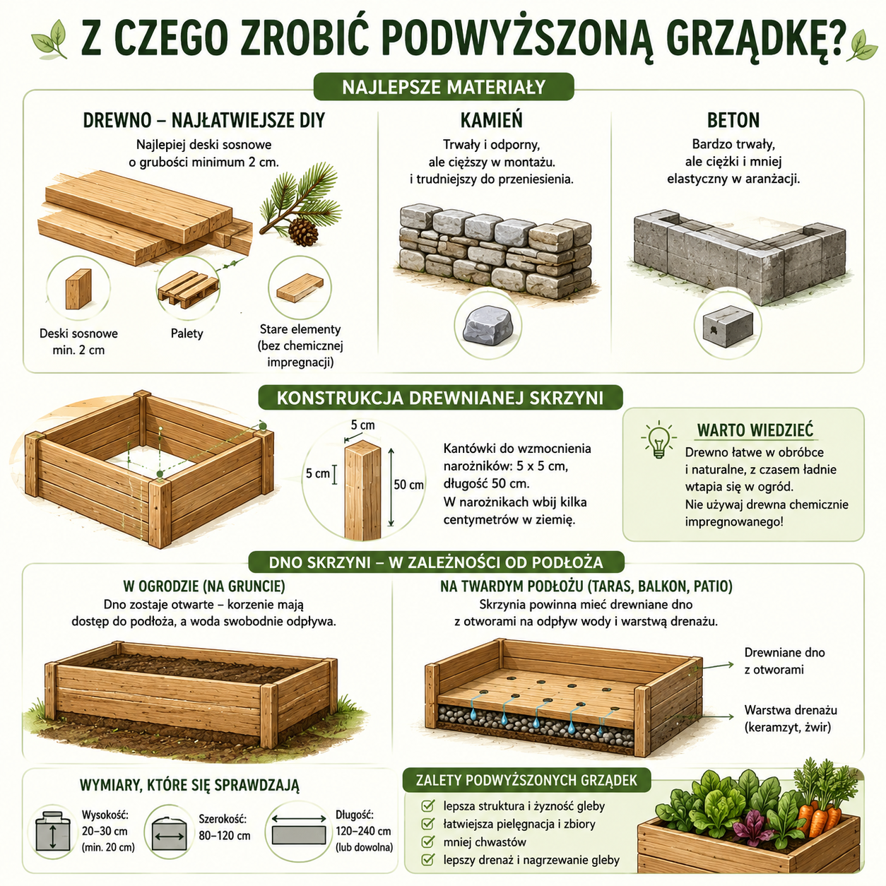 Z czego zrobić podwyższoną grządkę? Najlepsze materiały - konstrukcja drewnianej skrzyni - dno skrzyni