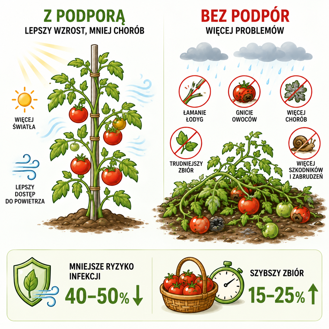 Różnice w uprawie pomidorów z podporami i bez podpór
